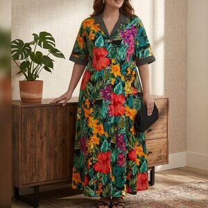 Vintage Carole Little NWT floral striped button front Artsy boho maxi dress 24